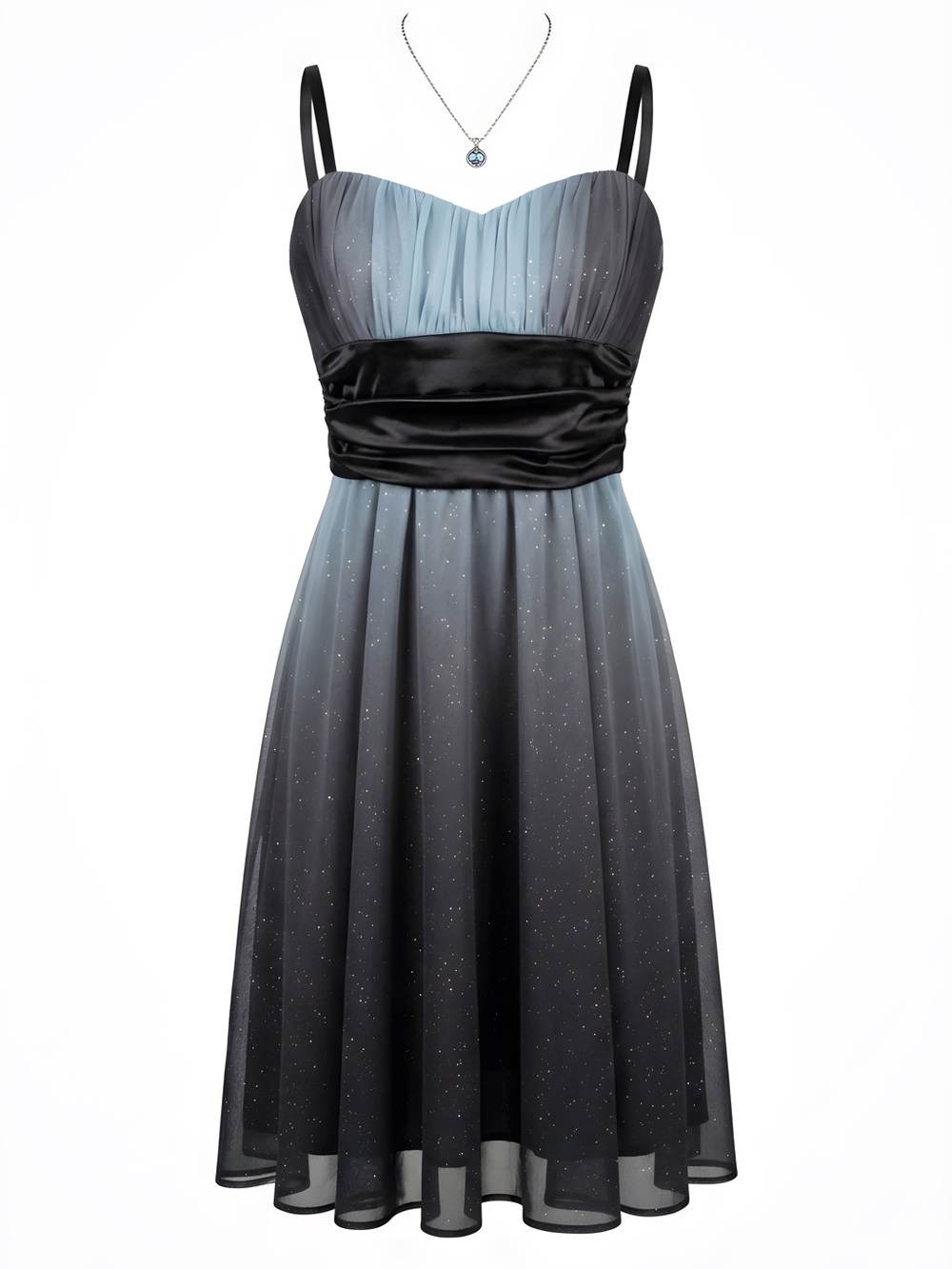 R&M Richards Sparkle Chiffon Mini Dress in Gray with Black Waistband